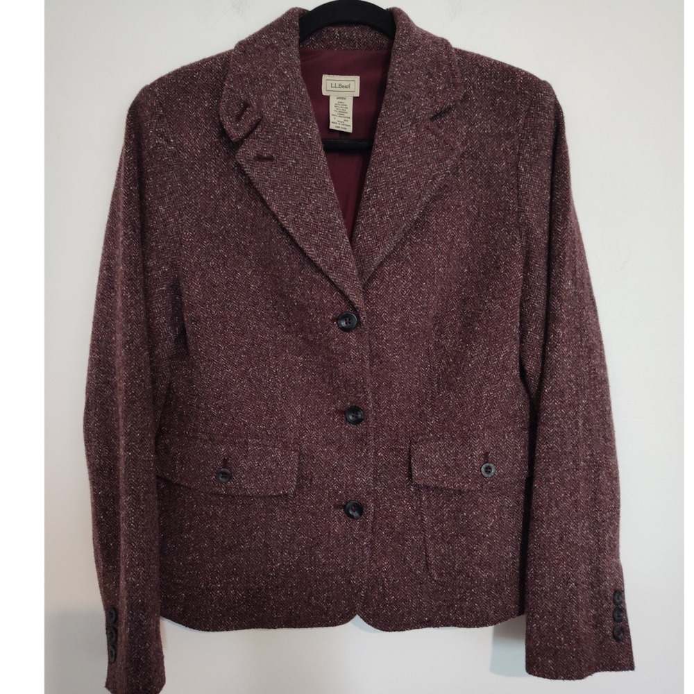 LL Bean Womens Herringbone Wool Silk Blend Blazer Burgundy Maroon Small S